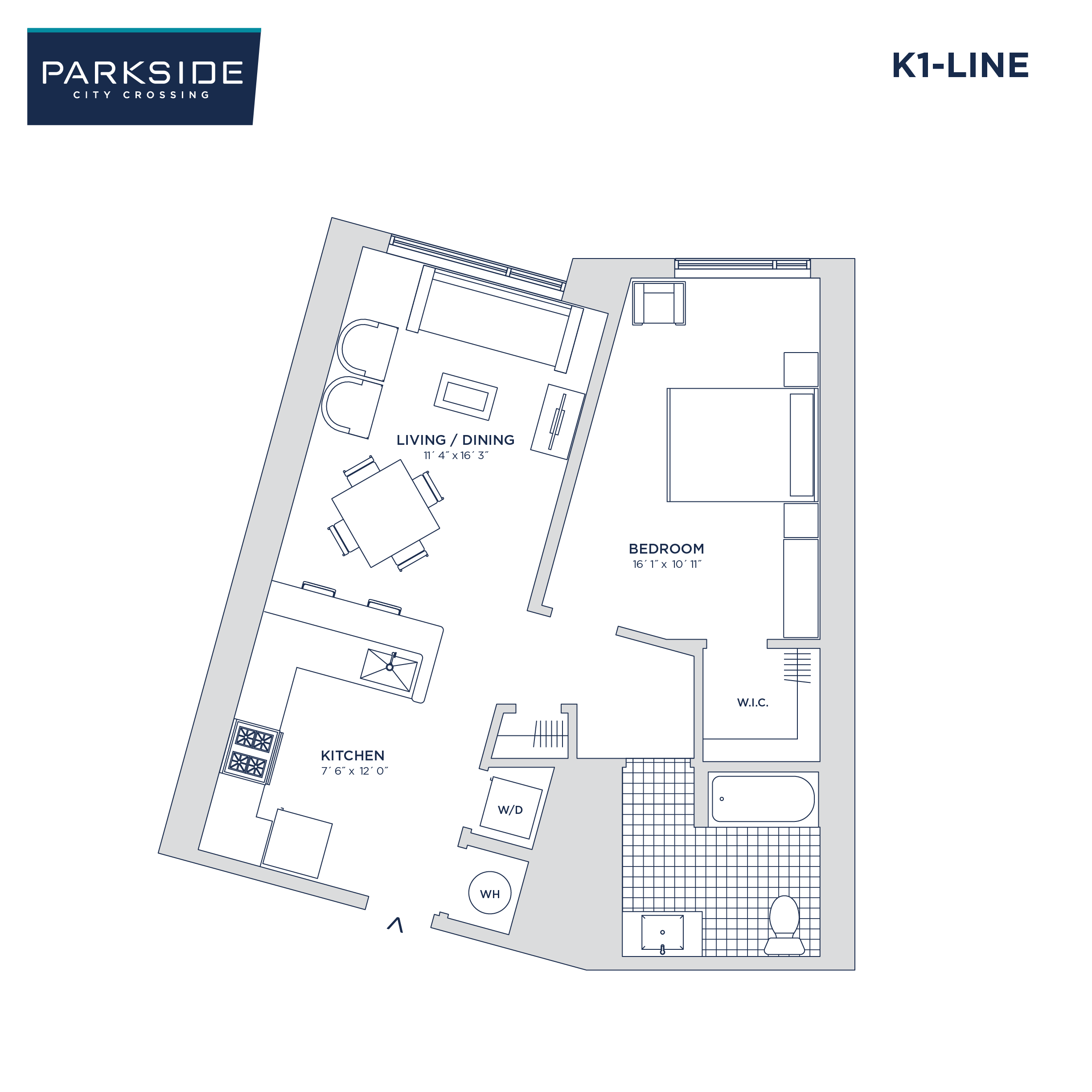 Floor plan for 1 bed, 1 bath, 657 sqft